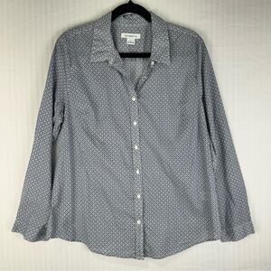 Liz Claiborne Classic Button Down Shirt Women Size Large Blue Diamond Green Dots
